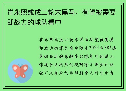 崔永熙或成二轮末黑马：有望被需要即战力的球队看中