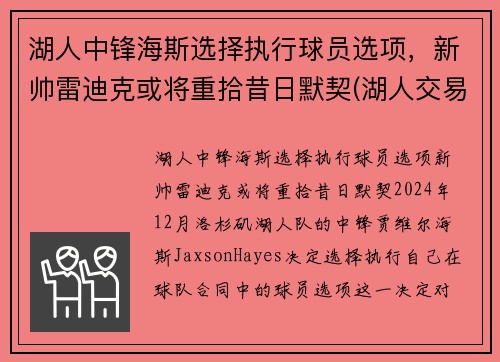 湖人中锋海斯选择执行球员选项，新帅雷迪克或将重拾昔日默契(湖人交易雷迪克)