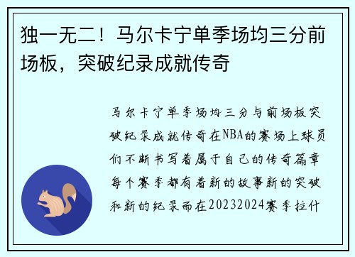 独一无二！马尔卡宁单季场均三分前场板，突破纪录成就传奇
