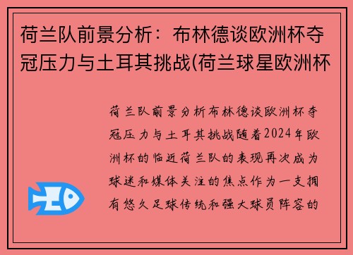 荷兰队前景分析：布林德谈欧洲杯夺冠压力与土耳其挑战(荷兰球星欧洲杯)