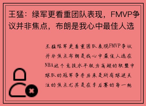 王猛：绿军更看重团队表现，FMVP争议并非焦点，布朗是我心中最佳人选