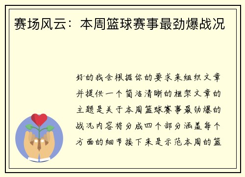 赛场风云：本周篮球赛事最劲爆战况