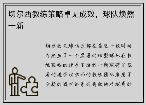 切尔西教练策略卓见成效，球队焕然一新