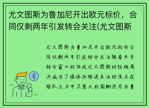 尤文图斯为鲁加尼开出欧元标价，合同仅剩两年引发转会关注(尤文图斯 欧联)