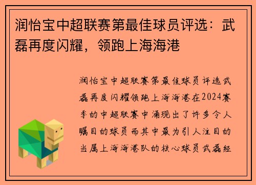 润怡宝中超联赛第最佳球员评选：武磊再度闪耀，领跑上海海港