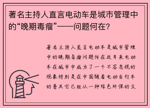 著名主持人直言电动车是城市管理中的“晚期毒瘤”——问题何在？