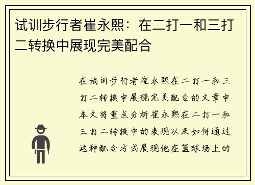试训步行者崔永熙：在二打一和三打二转换中展现完美配合